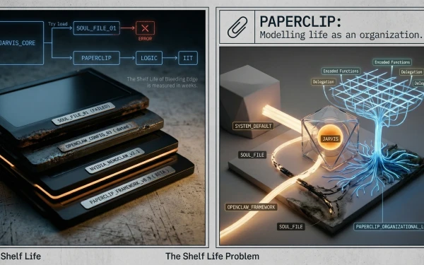 A conceptual illustration of an AI assistant interface on a Mac mini, representing local on-premises AI and the pace of change in the industry.